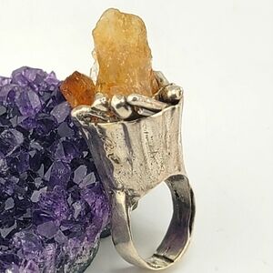 RAW CITRINE BRUTALIST STYLE RING HANDMADE IN STERLING SILVER METAL SIZE 7.5